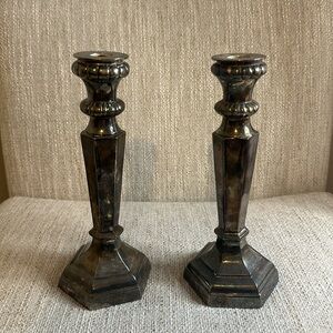 Set of 2 Pottery Barn Antiqued Silver Plated Taper Candlesticks Candle Holders